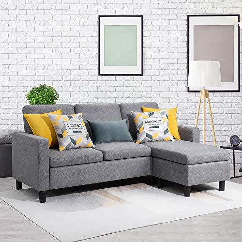 Walsunny Convertible Sectional Sofa Couch with Reversible Chaise, L-Shaped Couch with Modern Linen Fabric for Small Space (Grey)
