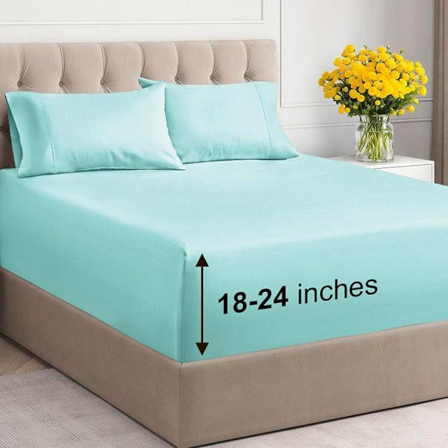 Extra Deep Pocket Cal King Sheets - 4 Piece Breathable & Cooling Bed Sheets - Hotel Luxury Bed Sheet Set - Soft, Wrinkle Free & Comfy - Easily Fits Extra Deep Mattresses - Deep Pocket Spa Blue Sheets