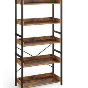 Rolanstar Bookshelf 5 Tier with 4 Hooks, Industrial Wood Bookcase, Vintage Storage Rack with Open Shelves, Rustic Standing Bookshelves Display Rack for Living Room, Bedroom, Rustic Brown