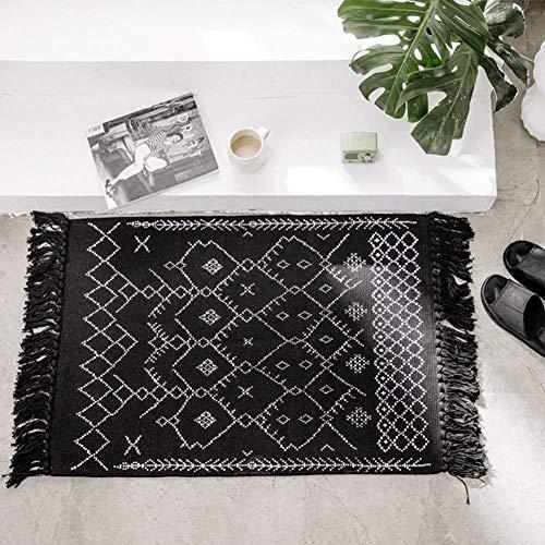 Small Rug Boho Bathroom Rug - Black White Laundry Kitchen Rug, Cotton Woven Tassels Geometric Tribal Knotted Cute Throw Rug 2'x3' for Bedroom Living Room, Thin Decorative Washable