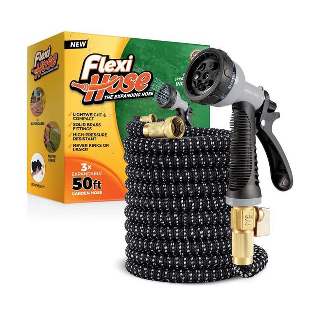 Flexi Hose Lightweight Expandable Garden Hose | No-Kink Flexibility - Extra Strength with 3/4 Inch Solid Brass Fittings & Double Latex Core | Rot, Crack, Leak Resistant (50 FT, Gray/Black)