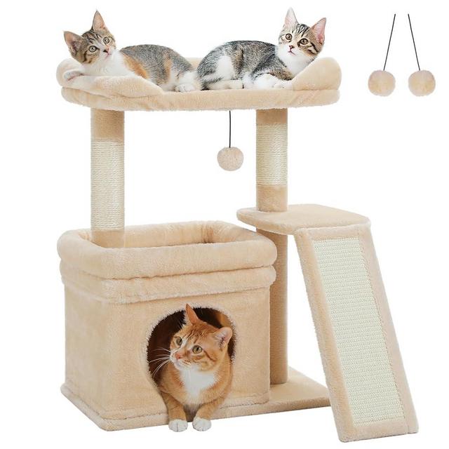 PEQULTI Small Cat Tree Tower for Large Adult Cats with Wide Top Perch, Private Cat Condo and Sisal Scratching Post&Pad for Indoor Cats, Beige