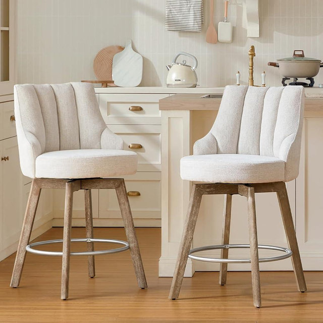 Finekoze Swivel Counter Height Bar Stools,Barstools with Backs,Beige-Colored Bar Stools Set of 2,26'' Solid Wood Legs,Linen Fabric Thickened Seat Cushion Bar Stools
