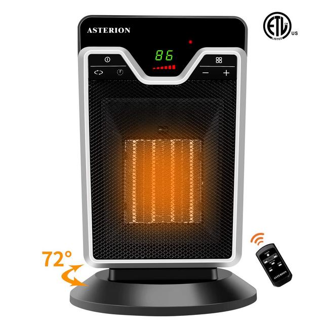 Space Heater for Indoor Use, ASTERION Portable Office Heater with Adjustable Thermostat, Ceramic Oscillating Heater with 24H Timer Remote Tip Over Overheating Protection for Home Bedroom, 1500W Black