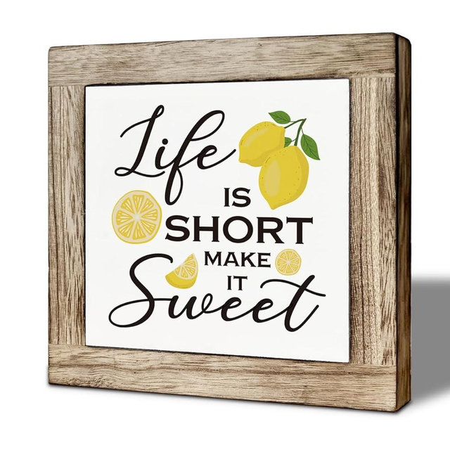 Lemon Decor, Lemon Decoration for Home, Summer Decor Signs, Kitchen Shelf Decoration, Decorative Wooden Table Sign, Thoughtful Gifts, Life is Short Make It Sweet Sign 5.9×5.10 inches