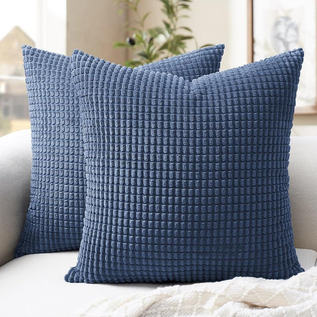 Softalker Throw Pillow Covers 18x18 Inch, Set of 2, Soft Corduroy Boho Stripe Decorative Pillow Cover, Couch Fluffy Pillow Cover for Farmhouse Home Decor Bed Living Room, Blue