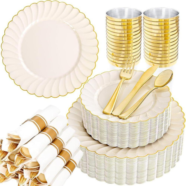 YOUBET 350PCS Ivory Scalloped Plastic Plates - Ivory and Gold Disposable Dinnerware Set Include 100 Plates, 150 Gold Silverware, 50 Cups, 50 Napkins for Wedding & Party