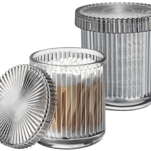 MKOSAB 2 Pack Qtip Holder - Apothecary Jars with Lids, Bathroom Organizers and Storage Canister for Cotton Balls,Swabs,Floss Picks,Hair Ties,Clear Glass Vintage Bathroom Decor Jar Set (Gray)