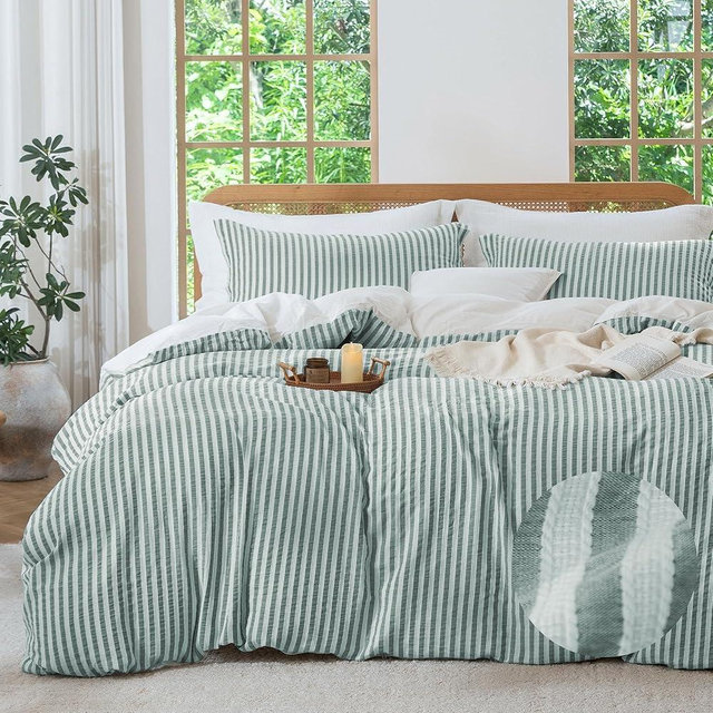 MILDLY Emerald Striped Duvet Cover - 100% Washed Cotton Jacquard Boho Textured Comforter Cover 3pcs with Corner Ties Zipper Closure 104"x90"