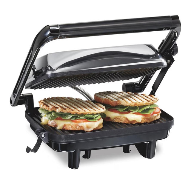 Hamilton Beach Panini Press Sandwich Maker & Electric Indoor Grill with Locking Lid, Opens Wide to Fit Any Thickness for Quesadillas, Burgers & More, Nonstick 8" x 10" Grids, Chrome (25460AG)