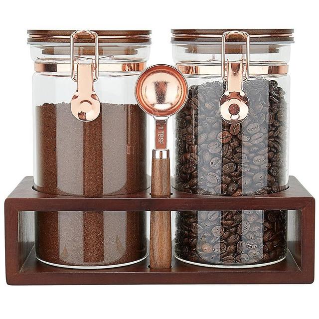 SIQOLNY Glass Coffee Container with Wooden Shelf, 2 x 40 FLOZ Coffee Bean Storage with Sealed Closure Clips and Copper Spoon, Kitchen Large Capacity Food Storage Jar, Ground Coffee Container