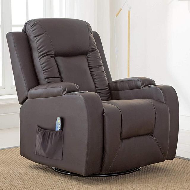 Comhoma Leather Recliner Chair Modern Rocker with Heated Massage Ergonomic Lounge 360 Degree Swivel Single Sofa Seat with Drink Holders Living Room Chair (Brown)