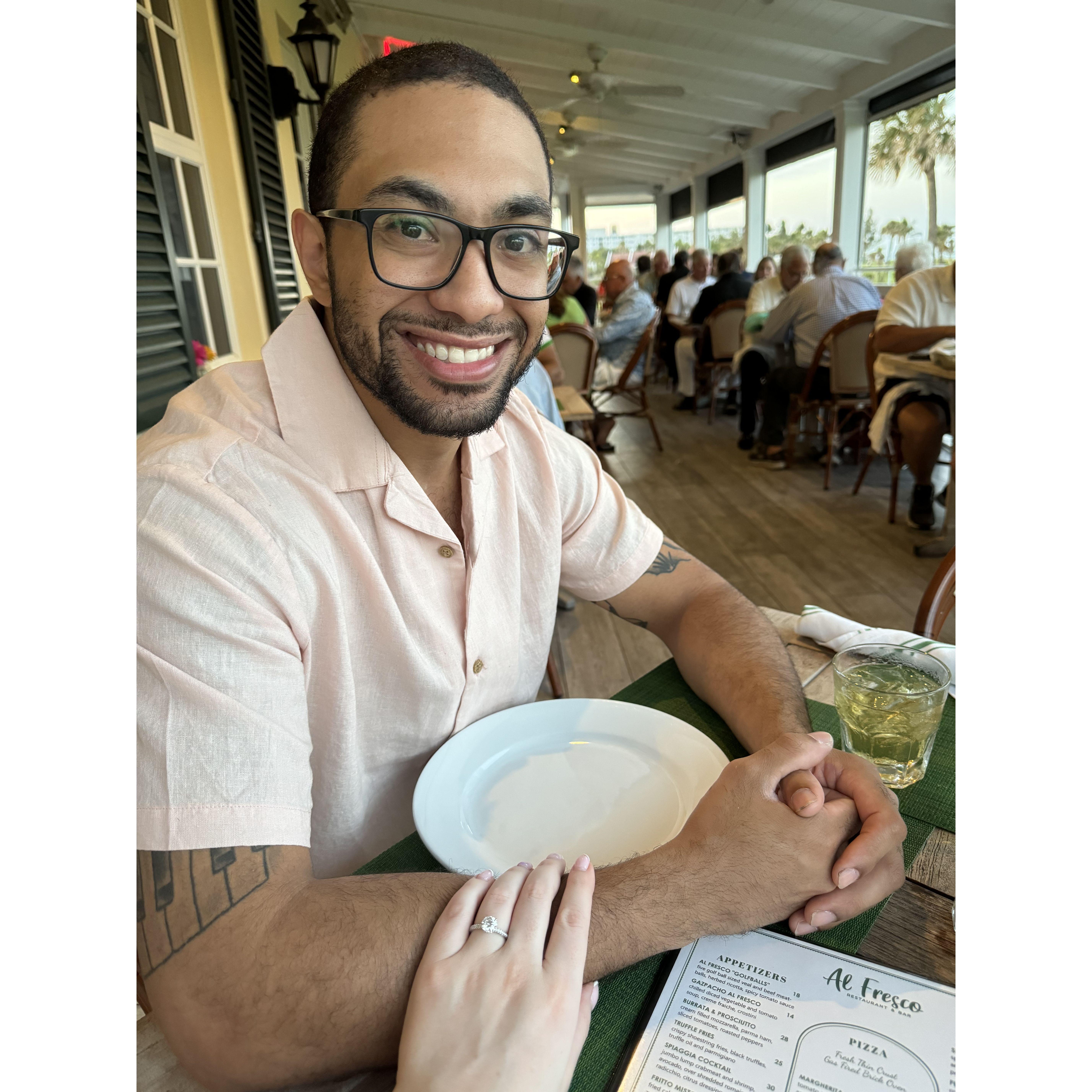 May 24, 2024: We went out on a date to celebrate our engagement. It was completely spontaneous and lead us to one of our favorite restaurants, Al Fresco.