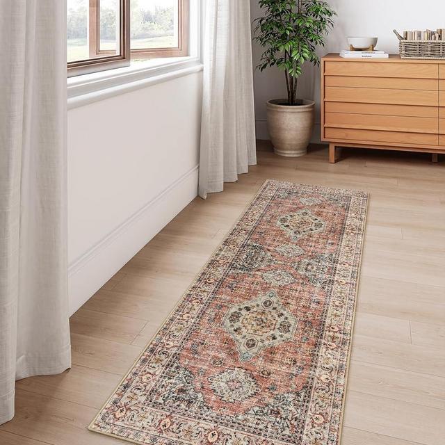 Lahome Oriental Hallway Runner Rug - 2x5 Washable Rug Runner Non Slip Kitchen Runner Rugs with Rubber Backing Ultra-Thin Vintage Carpet Runner for Hallways Bedroom Bathroom(2x5ft,Peach/Orange)
