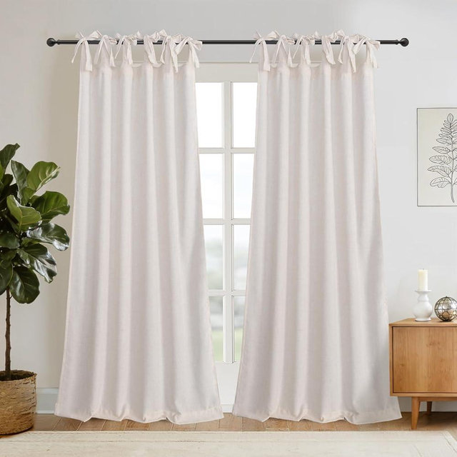 gisewood Bow Tie-Top Linen Cotton Blend Window Curtain Panel, Rustic-Chic Curtain Panel for Living Room or Bedroom, 52 Inches by 96 Inches, Cream, 2 Panels