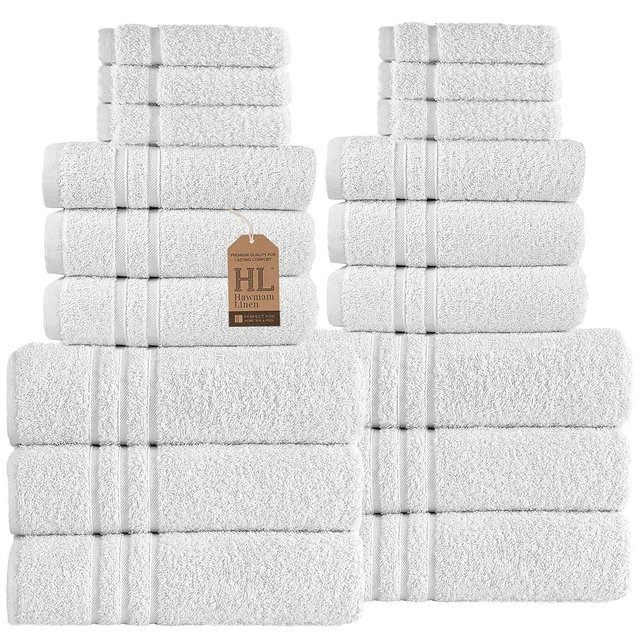 Hawmam Linen White 18 Piece Bath Towels Set for Bathroom Original Turkish Cotton Soft, Absorbent and Premium 6 Bath Towels, 6 Hand Towels, 6 Washcloths
