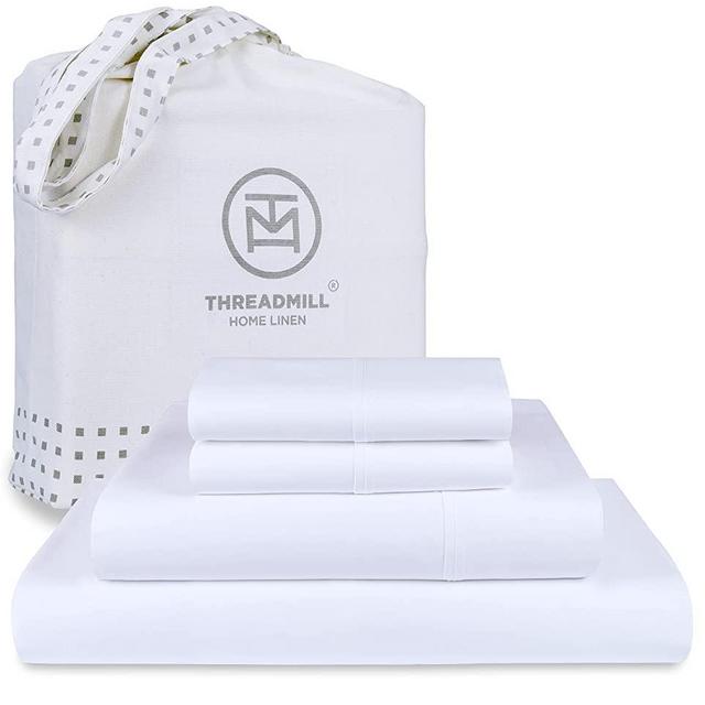 Certified Gold Seal 100% Egyptian Cotton Sheets King Size 4 Piece Solid Luxury Bedding Set, Sateen Weave, Comfortable Hotel White Sheets with Elasticized Deep Pocket - by Threadmill
