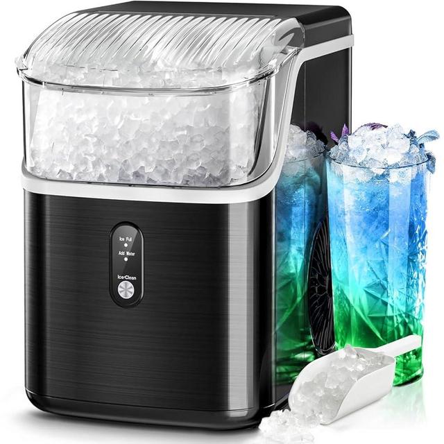 Nugget Ice Maker Countertop, 35Lbs/Day Portable Table Top Machine with Chewable & Crushed Ice, Self-Cleaning, One-Touch Operation for Home(Stainless Steels Black)