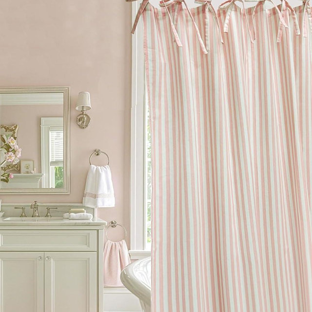 Pink Striped Shower Curtain Hookless Linen Blend Washable for Bathrooms Bedrooms Classrooms Offices and More Standard 72X72 Inches
