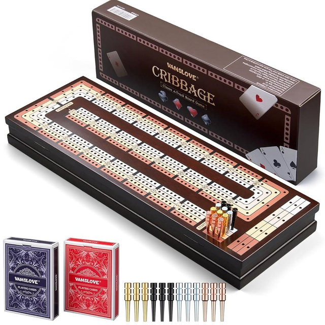 VAMSLOVE Upgraded Wooden 4-Track Cribbage Board Game Magnetic Scoreboard with Large Slots for Storing 2 Playing Cards and 12 Metal Pegs, Travel Family Game Night (Instruction Included)