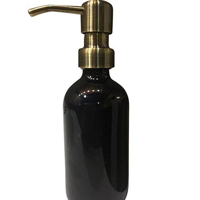 Black Soap Dispenser 8oz Glass Soap Dispenser with Metal Pump, Half Pint Glass Bottle by Industrial Rewind (Brass Pump)