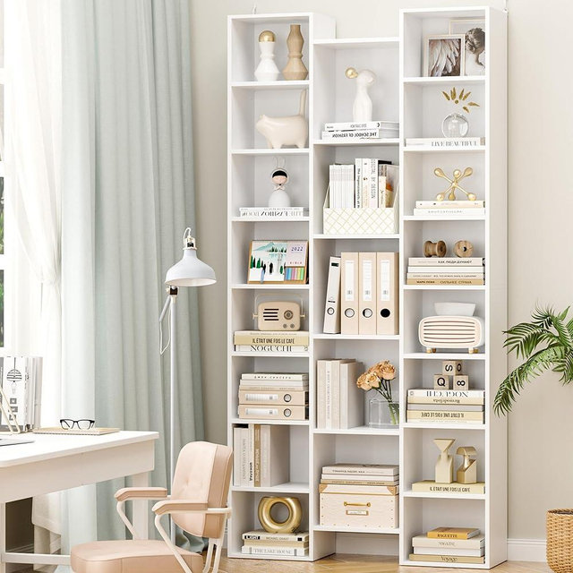 FOTOSOK Triple Wide 8 Tier Media Storage Tower Rack, 71’’ Large CD DVD Storage Tower Rack with Adjustable Shelves, Tall Narrow Bookshelf Storage Organizer Shelf for Home Office, White
