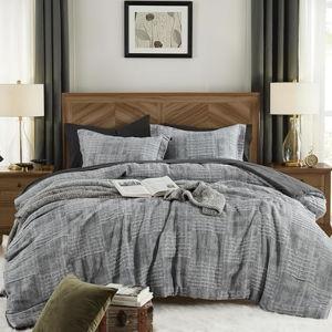 MaiRêve Charcoal Grey King Comforter Set, Textured Design Grey Crinkle Bed in A Bag King Size, 7 Pieces Bedding Set for Men Women with Comforter, Sheets, Pillowcases & Shams 102"x 90"