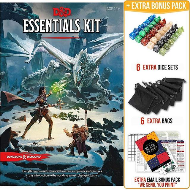 Dungeons and Dragons Essentials Kit 5th Edition with Complete Starter Pack – 6 D&D Dice Sets in Black Bags and DND Beginner Printable Materials
