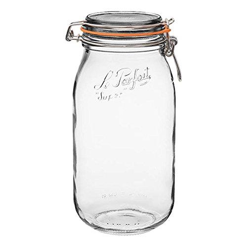 Le Parfait Super Jar - 2L French Glass Canning Jar w/Round Body, Airtight Rubber Seal & Glass Lid, 64oz/2 Quarts (Single Jar) Stainless Wire
