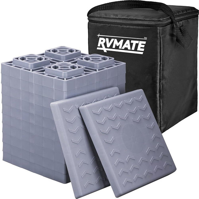 RVMATE RV Leveling Blocks 12 Pack, Heavy Duty Camper Leveling Blocks, Leveling Blocks for RVs, Reduce Trailer Movement, Trailer Leveling Blocks Great for Single and Dual Wheels, Grey