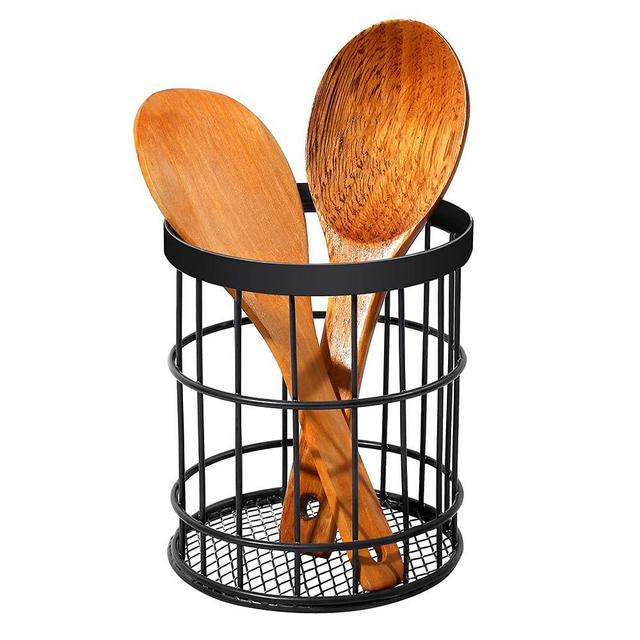 Countertop Utensil Holder for Kitchen - Wire Cylinder Shaped Utensil Caddy Organizer with Mesh Bottom,Matte Black