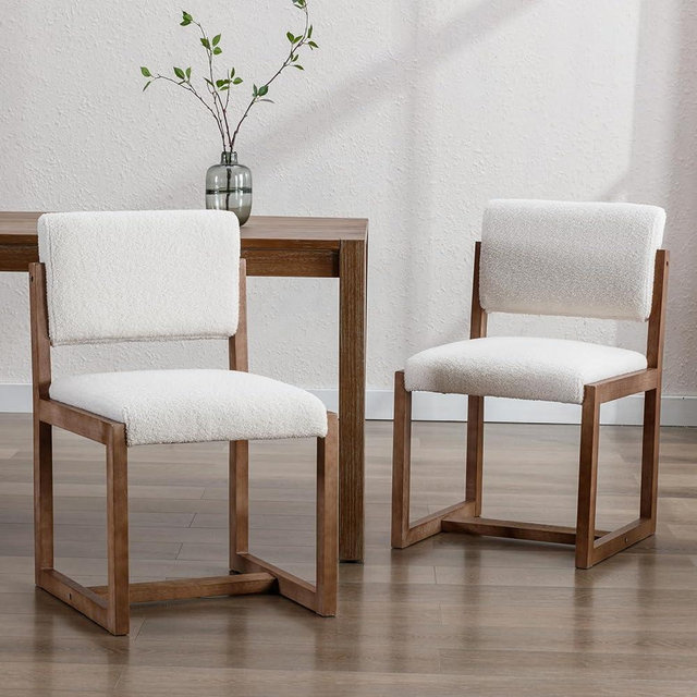 DUOMAY Upholstered Dining Chairs Set of 2, Mid-Century Modern Dining Room Chairs, Boucle Fabric Kitchen Side Chairs with Wood Legs, White
