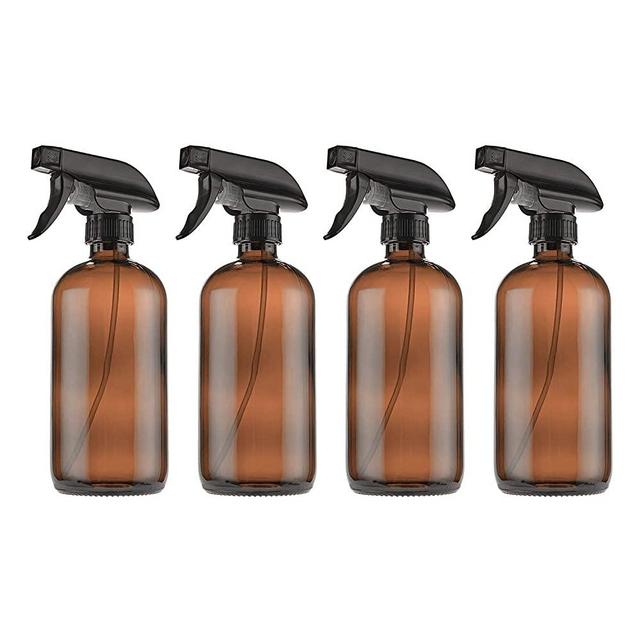 Empty Amber Glass Spray Bottles with Labels (4 Pack) - 16oz Refillable Container for Essential Oils, Cleaning Products by THETIS Homes