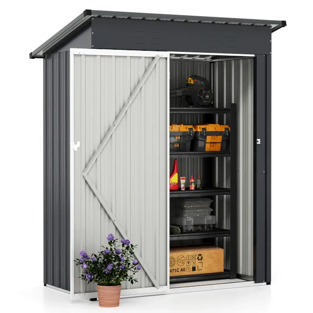 Costway 5 x 3 FT Outdoor Storage Shed Galvanized Metal Tool House w/ Sloped Roof Gray