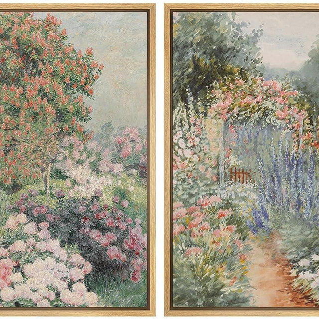 MUDECOR Framed Canvas Print Wall Art Romantic Garden Path Cottagecore Floral Landscape Illustrations Modern Art Decorative Bohemian Colorful Chic for Living Room, Bedroom, Office - 24"x36"x2 NATURAL