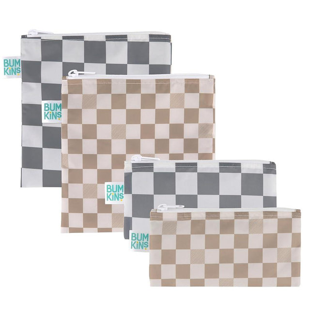 Bumkins - Cloth Snack & Sandwich Bags - For Storage, Travel, Food Prep, Lunch - Reusable, Water Resistant, Washable, Dishwasher Safe - Snack Bags for Kids - Zipper Closure - Check - 4 Pack