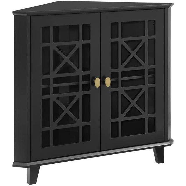 Walker Edison Ronne 2 Door Corner Accent Table with Fretwork Detail, 32 Inch, Black