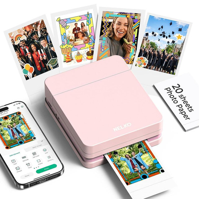 Nelko Photo Printer, 2x3 Portable Wireless Smartphone Printer, PP01 Mini Color Instant Inkjet Printer, Sticky-Back Photos, Bluetooth Compatible with iOS & Android, App Editing, Pink
