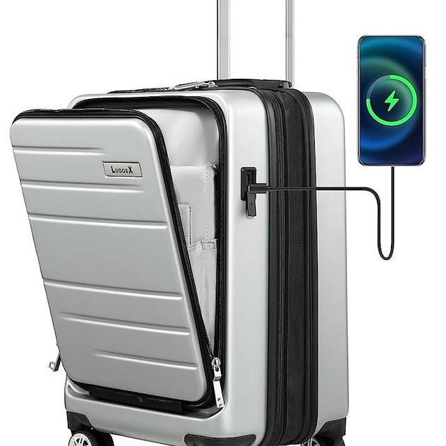 LUGGEX Expandable Carry On Luggage with USB Port - Hard Shell Suitcase with Front Pocket - Carryon Luggage with Spinner Wheels Free Travel (Silver Suitcase)