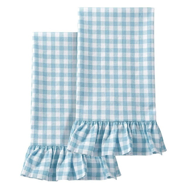 HunnmingRe Light Blue Kitchen Towels Set of 2, 100% Cotton Ruffled Gingham Dish Towels 18"x28" Absorbent Tea Cloths Classic Plaid Pattern for Farmhouse Charm, Drying Dishes, Entertaining Guests