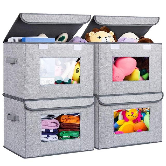 Univivi Foldable Nursery Storage Bin [4-Pack] Fabric Storage Boxes with Lids Large Toy Organizers and Storage for Nursery Bedroom Home (Gray, 17" x 12" x 12")