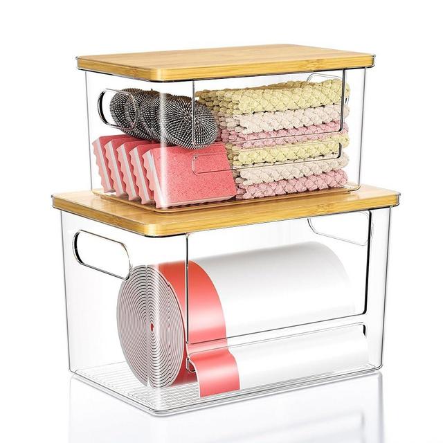 Trash Bag Dispenser 2-Pack, Stackable Trash Bag Holder with Bamboo Lid – Clear Plastic Garbage Bag Organizer for 4-33 Gal Bags, Space-Saving Under Sink Organizer for Kitchen, Laundry, Pantry
