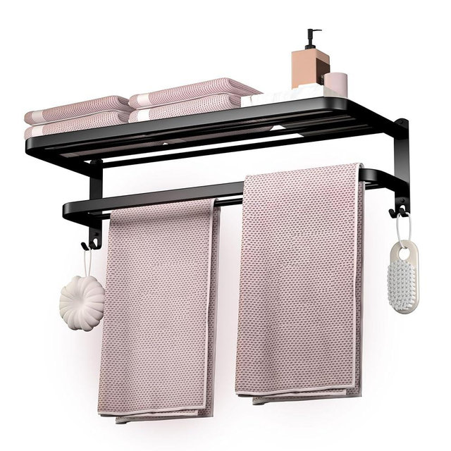 DDS-DUDES Bathroom Towel Rack Towel Shelf with Double Towel Bars Lavatory Wall Mount Holder with Hooks Stainless Steel Hotel Bath Rack (Matte Black 23 inches)