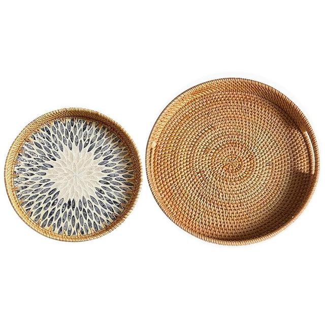 Round Rattan Tray,Handmade Wicker Trays for Decor - Elegant Coffee Table Tray, Woven Tray with Handles - Round Mother of Pearl Tray for Coffee Table,Home Decor (Brown+Gray Leaf, 11.8+13.8 inch)