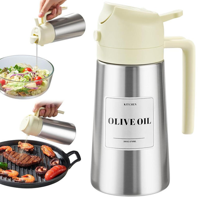 PARACITY Oil Dispenser Bottle with Stainless Steel Shell & Ceramic Sprayed Interior, 2 in 1 Olive Oil Sprayer and Dispenser, Oil Spray Bottle for Cooking, Kitchen, BBQ, Air Fryer, Salad, Baking(White)