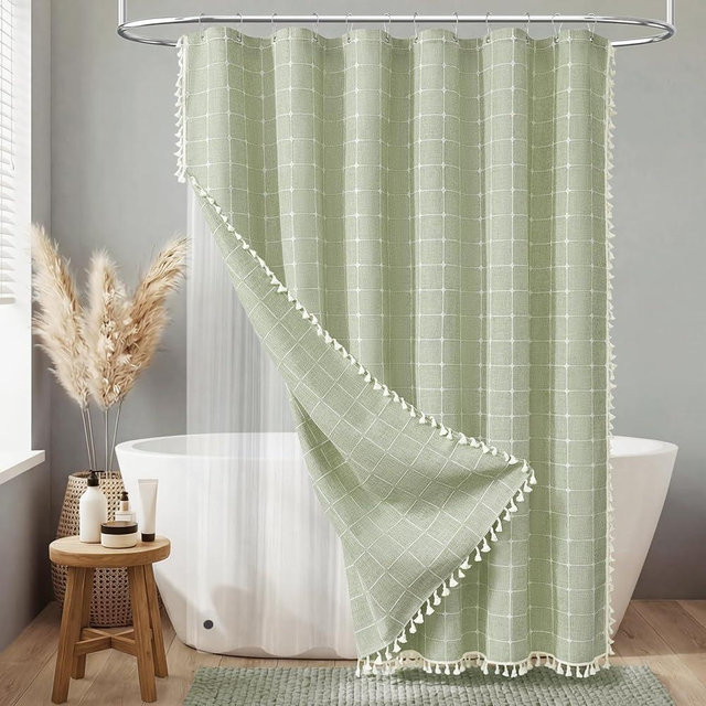 BTTN 3 in 1 Shower Curtain with PEVA Liner, Sage Green Boho Linen Fabric Shower Curtain Set with Plastic Hook, Farmhouse Bohemian Country Cute Waterproof Cloth Shower Curtain for Bathroom, 72x72