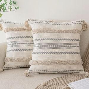 Boho Throw Pillow Covers 20x20 Set of 2 Woven Tufted Farmhouse Pillows Cover with Tassels Textured Striped Cushion Case Neutral Pillow Cases Decorative Pillowcase for Sofa, Couch, Bed, Khaki