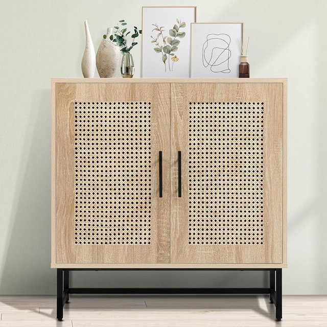 KFO Storage Cabinet with Handmade Natural Rattan Doors, Rattan Cabinet Sideboard Buffet Cabinet, Accent Cabinet for Living Room, Hallway, Dining Room, Entryway…