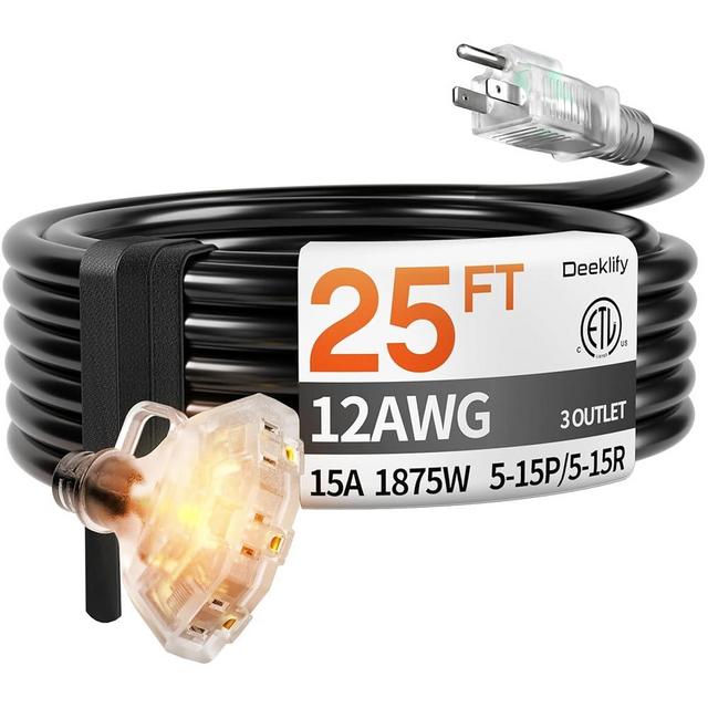 Deeklify 25 ft 12 Gauge Heavy Duty 3 Outlet Extension Cord Splitter with Indicator, Waterproof Outdoor Extension Cord with Multiple Outlets, 15A 1875W for Home & Workshop, ETL Listed, Black SJTW