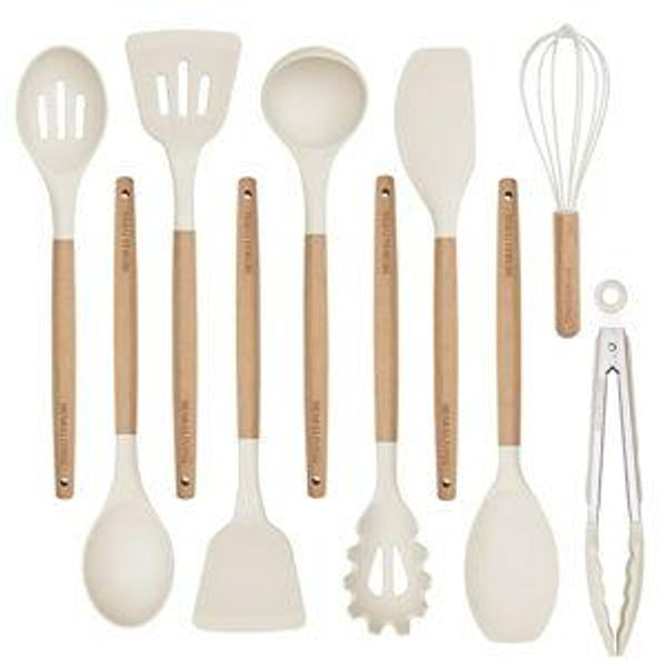 Silicone 10 Pcs Kitchen Cooking Utensils Set, Recycled Materials Certification, BPA Free Spatula Set with Heat Resistant Wood Handles for Nonstick Cookware, Cream White